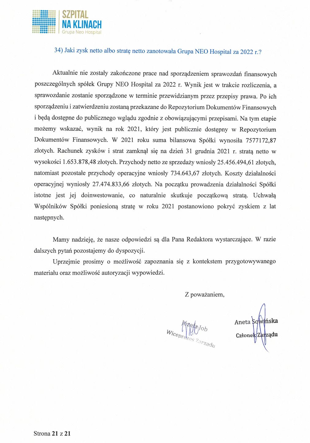 Odpowiedź Szpitala na Klinach na pytania Wirtualnej Polski