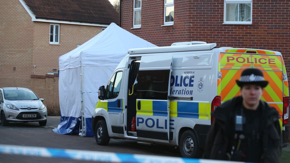 COSTESSEY, NORFOLK - JANUARY 19: Police officers form a cordon in Allan Bedford Crescent and set up a forensic tent to investigate the situation on January 19, 2024 in Costessey, Norfolk. Police were called to a house in Costessey early this morning and discovered the four bodies of people, all believed to be known to one another, Investigations into the deaths are ongoing.  (Photo by Martin Pope/Getty Images)