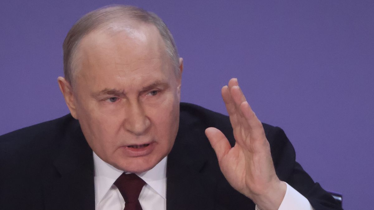 MOSCOW, RUSSIA - APRIL 2: (RUSSIA OUT) Russian President Vladimir Putin gestures during the Expanded Board of the Interior Ministry on April 2, 2024 in Moscow, Russia. President Putin proposed to change migration policy in the country and to identify the "ultimate beneficiaries" of the terrorist attack on the Crocus City Hall, at the annual meeting at the federal police agency. (Photo by Contributor/Getty Images)