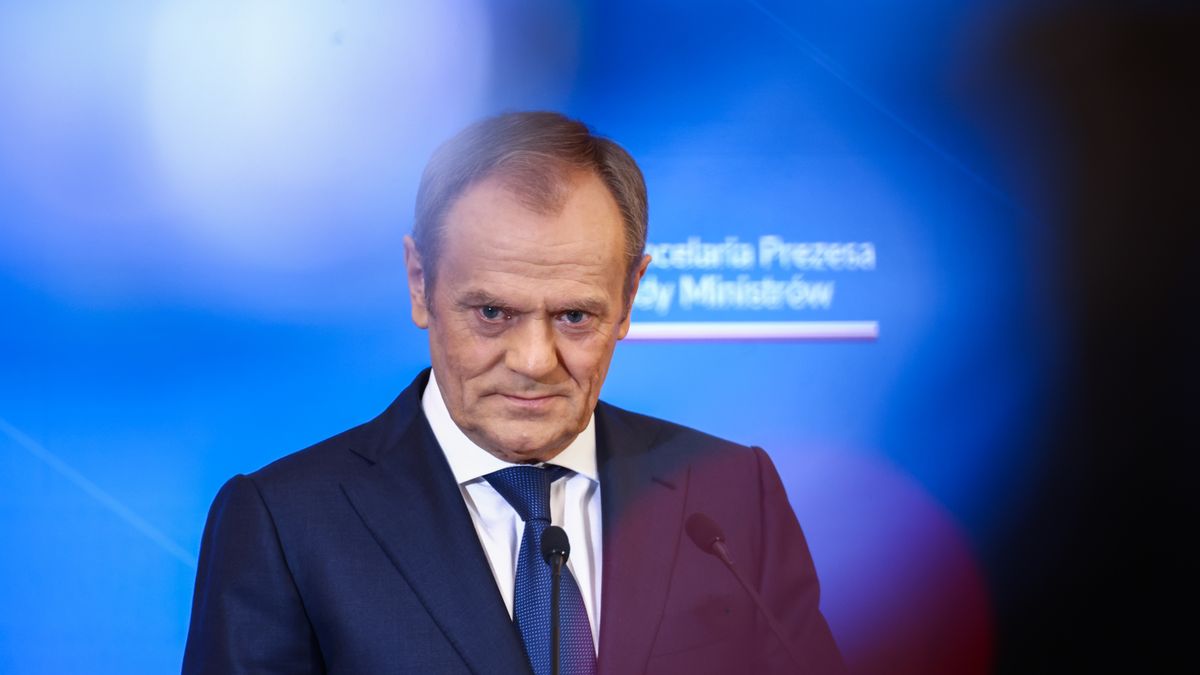 Donald Tusk, Prime Minister of Poland, is seen during a press conference after a bilateral meeting in the Prime Minister Chancellery on February 23, 2024 in Warsaw, Poland. The chairwoman of the EU executive arrived to announce that up to 137 billion euros of EU funds, currently blocked for Poland, will be released by the College of Commissioners next week. (Photo by Beata Zawrzel/NurPhoto via Getty Images)