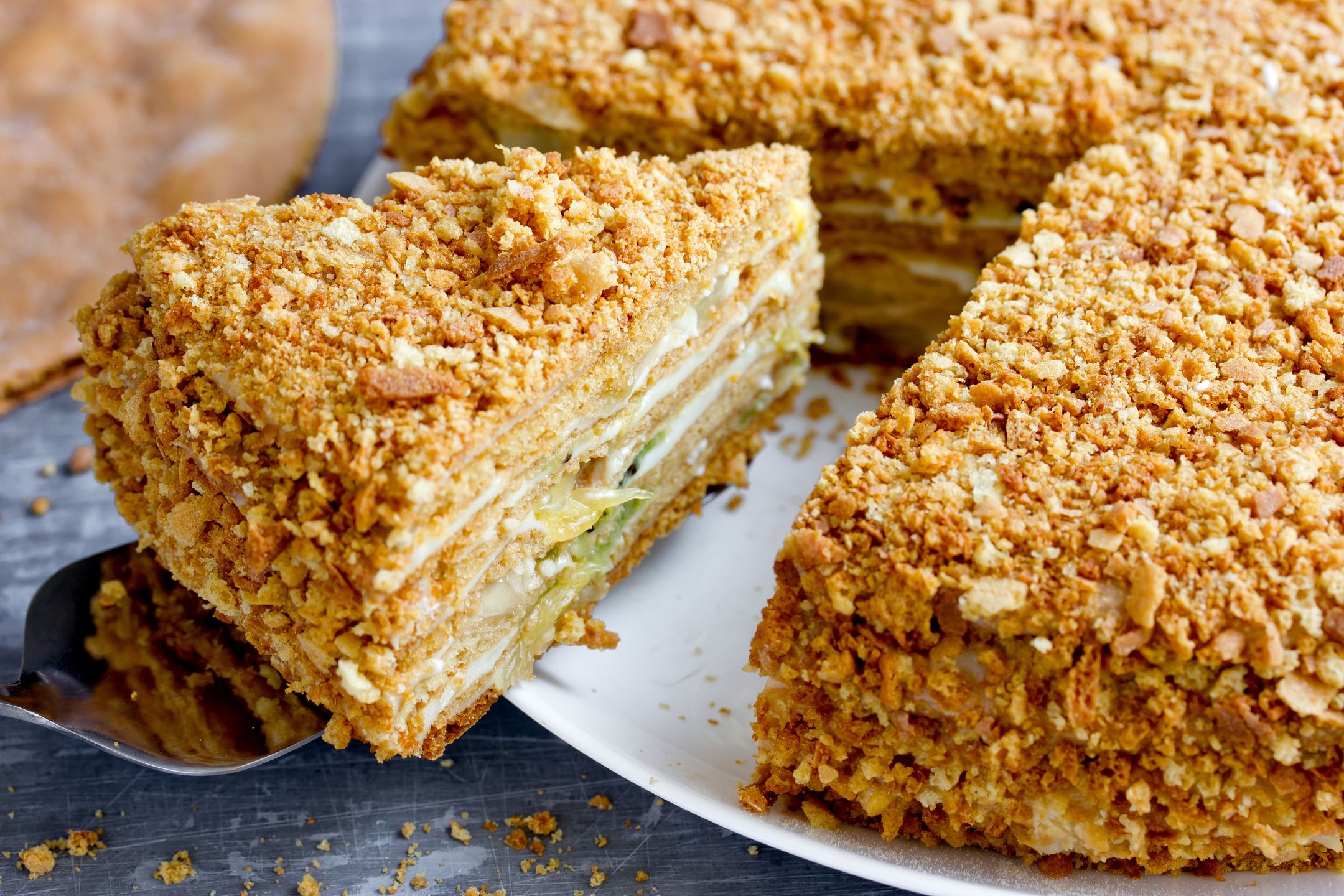 Homemade honey cake with custard and fruitcake, honey, homemade, background, cream, slice, white, pie, food, sweet, dessert, fresh, wooden, brown, tasty, gourmet, kitchen, pastry, bakery, recipe, biscuit, layered, caramel, sour, holiday, puff, medovik, celebration, classic, fruit, banana, kiwi, orange, custard, authentic, baked, comb, confectionery, delicious, dish, gingerbread, honey-cake, honeycomb, piece, restaurant, russian, snack, sponge, sugar, traditional