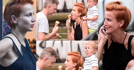 Nieumalowana Zielińska z mężem i synem zajada się lodami i odbiera telefony (ZDJĘCIA)