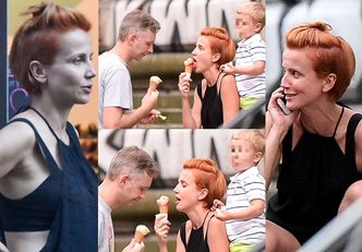 Nieumalowana Zielińska z mężem i synem zajada się lodami i odbiera telefony (ZDJĘCIA)