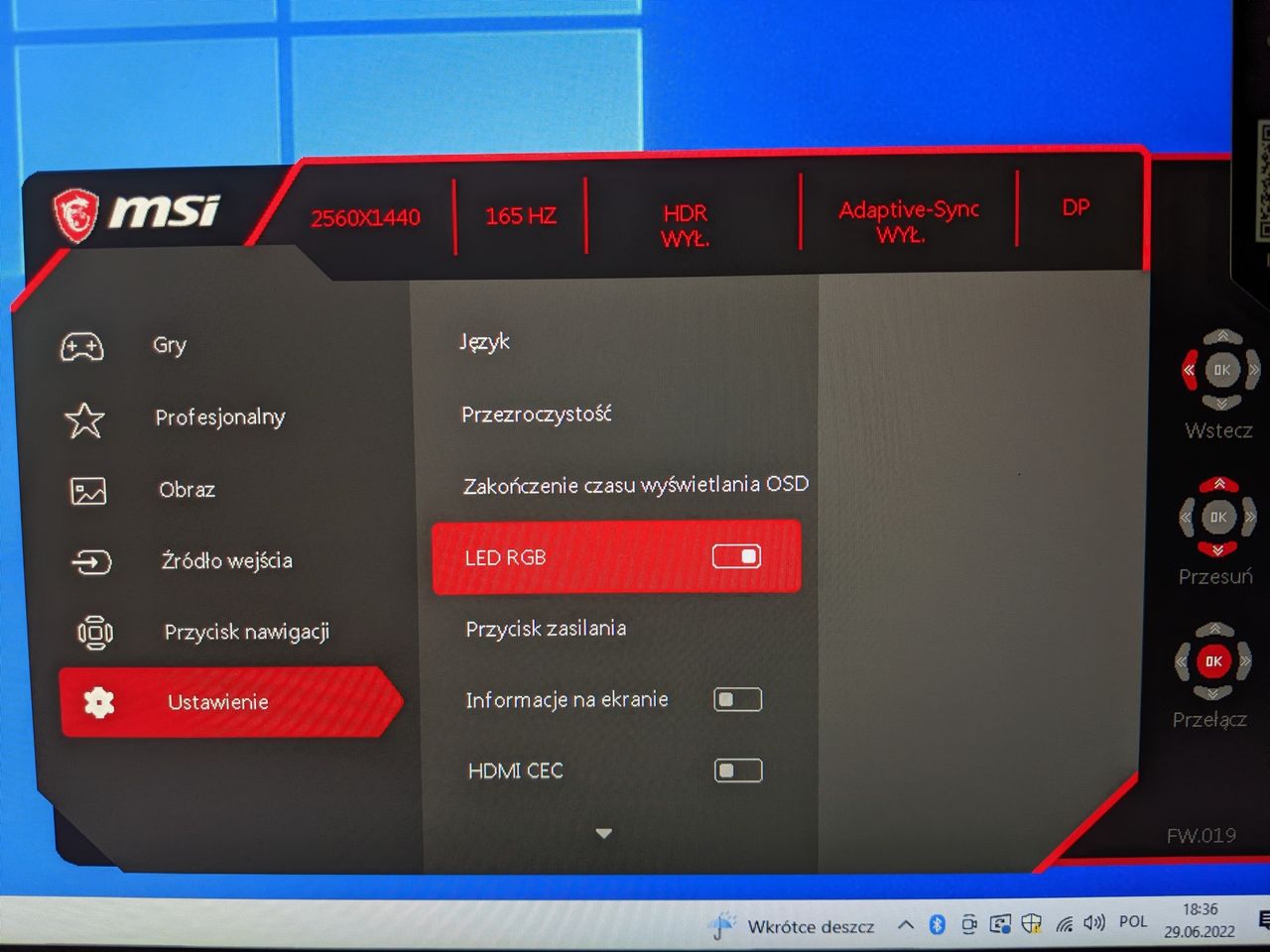 OSD monitora, zakładka Ustawienia
