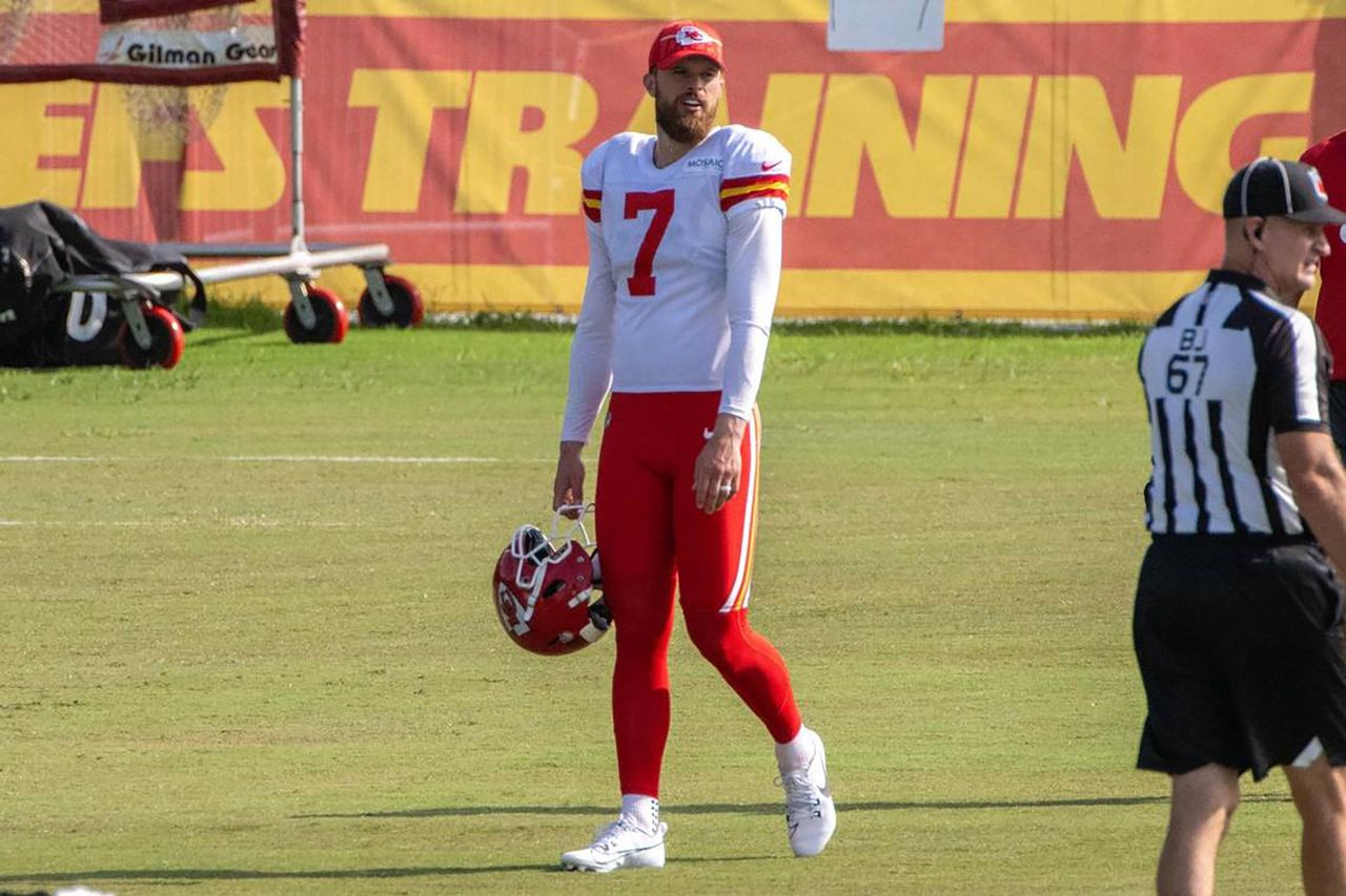 Kansas City Chiefs kicker Harrison Butker (7) walks to the practice field during training camp on July 29, 2023, in St. Joseph, Missouri. (Emily Curiel/The Kansas City Star/Tribune News Service via Getty Images)