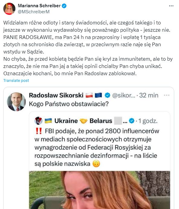 Interakcja Marianny Schreiber i Radosława Sikorskiego
