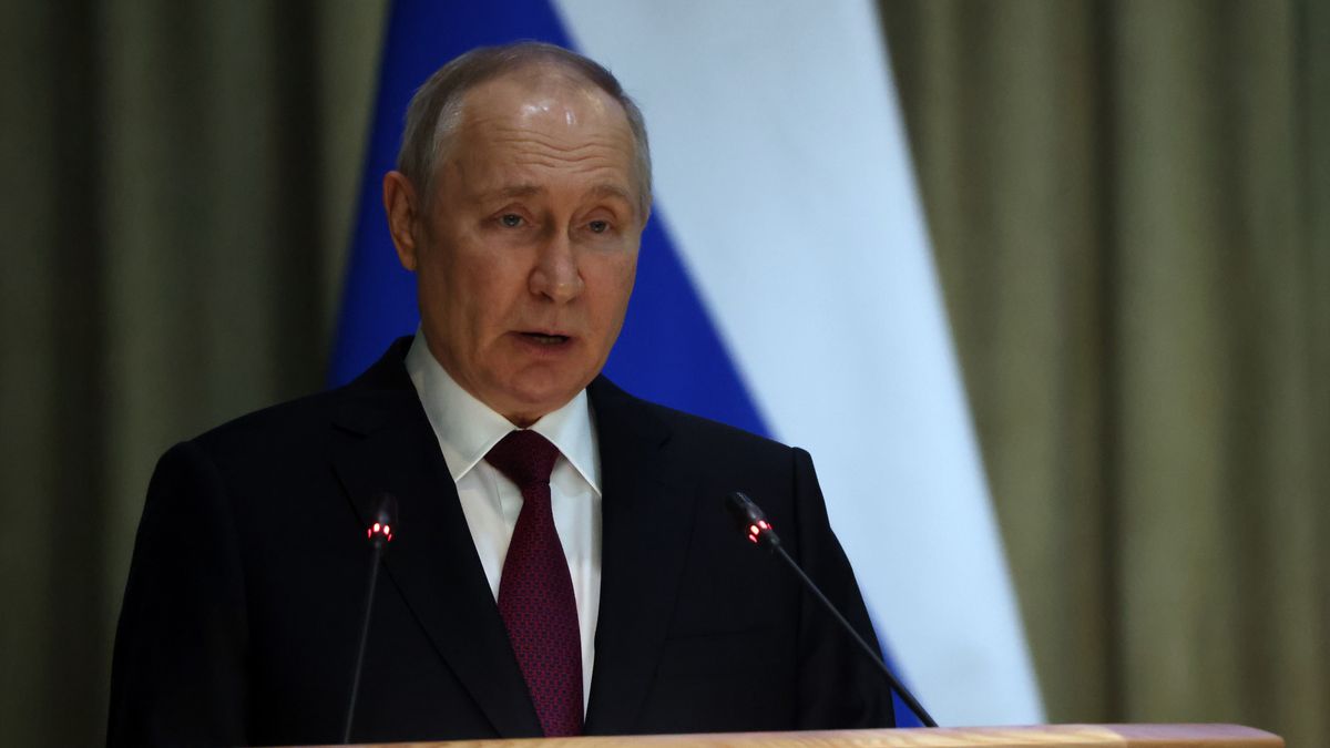 MOSCOW, RUSSIA - MARCH 15: (RUSSIA OUT) Russian President Vladimir Putin delivers speech during his annual meeting with prosecutors on March 15, 2023, in Moscow, Russia. Putin instructed the Prosecutor General's Office to actively protect the rights of participants of the so called Special Military Operation in Ukraine. (Photo by Contributor/Getty Images)