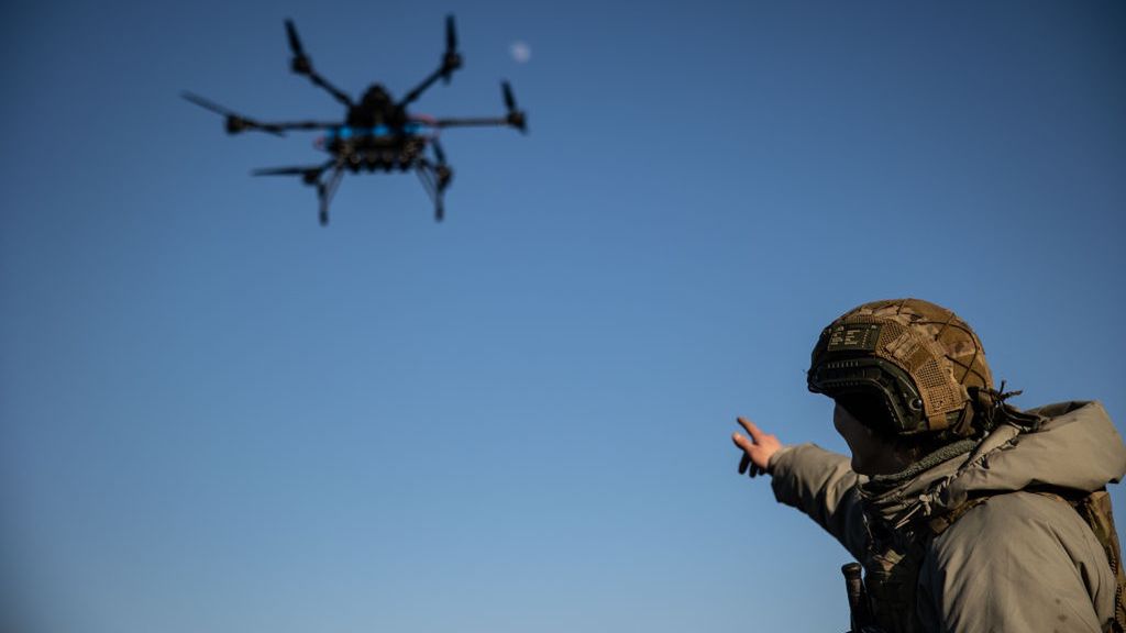 Ukrainian UAV Vampire Crew Practicing Use Drone At The Training Area
DONETSK OBLAST, UKRAINE - FEBRUARY 8: Ukrainian soldier points a finger at drone Vampire in flight at training area on February 8, 2025 in Donetsk Oblast, Ukraine. Donetsk Oblast continues to host most of the fierce battles since the beginning of the full-scale Russian invasion. (Photo by Roman Chop/Global Images Ukraine via Getty Images)
Global Images Ukraine