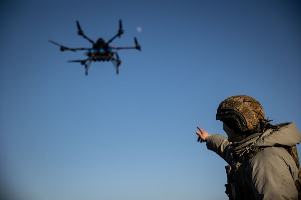 Ukrainian UAV Vampire Crew Practicing Use Drone At The Training Area
DONETSK OBLAST, UKRAINE - FEBRUARY 8: Ukrainian soldier points a finger at drone Vampire in flight at training area on February 8, 2025 in Donetsk Oblast, Ukraine. Donetsk Oblast continues to host most of the fierce battles since the beginning of the full-scale Russian invasion. (Photo by Roman Chop/Global Images Ukraine via Getty Images)
Global Images Ukraine
