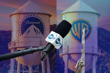 Mikrofon TVN24 na tle logotypów Warner Bros. i Paramount