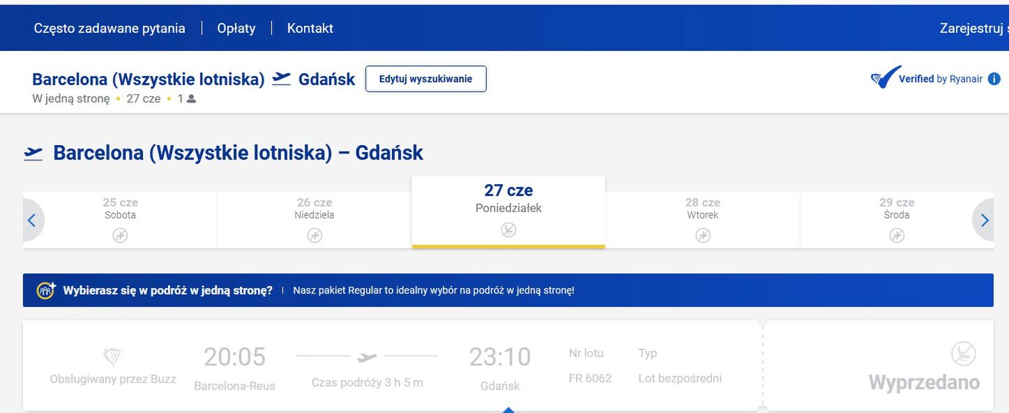 Zrzut ekranu ze strony Ryanaira - bilety na 27 czerwca są wyprzedane