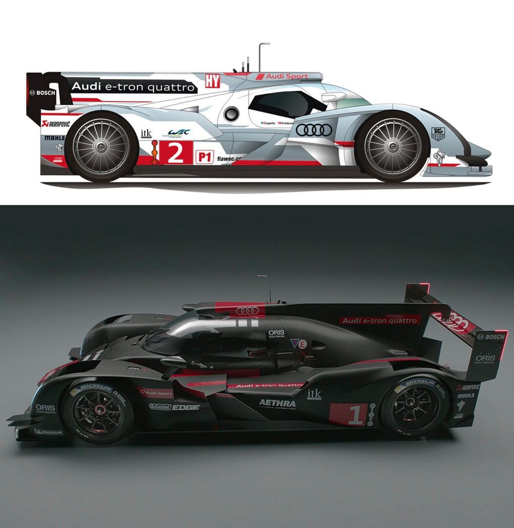 U góry: Audi R18 e-tron quattro (2013),u dołu: Audi R18 e-tron quattro (2014).Widać różnicę w kształcie kabin w obu autach