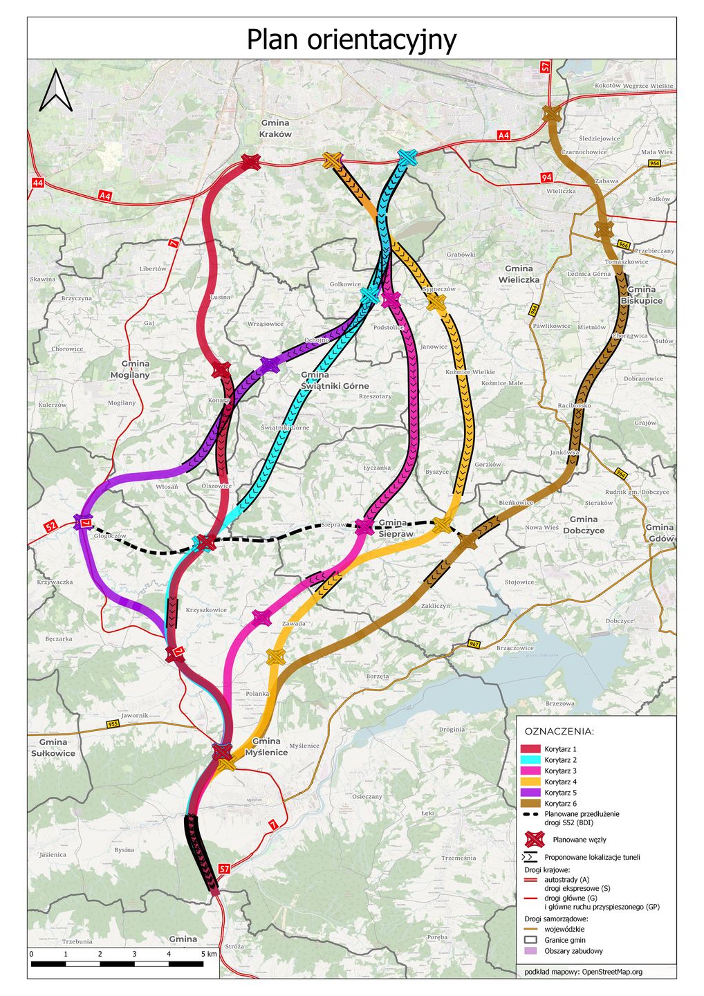 Zaproponowane korytarze drogi ekspresowej S7 Kraków - Myślenice (nowa zakopianka)