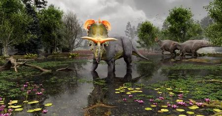 Rogaty dinozaur z fantastycznie ubarwioną głową