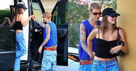 Cały na niebiesko Justin Bieber maszeruje z żoną do knajpy. Hailey kurczowo trzymała go za rękę. Kryzys zażegnany?