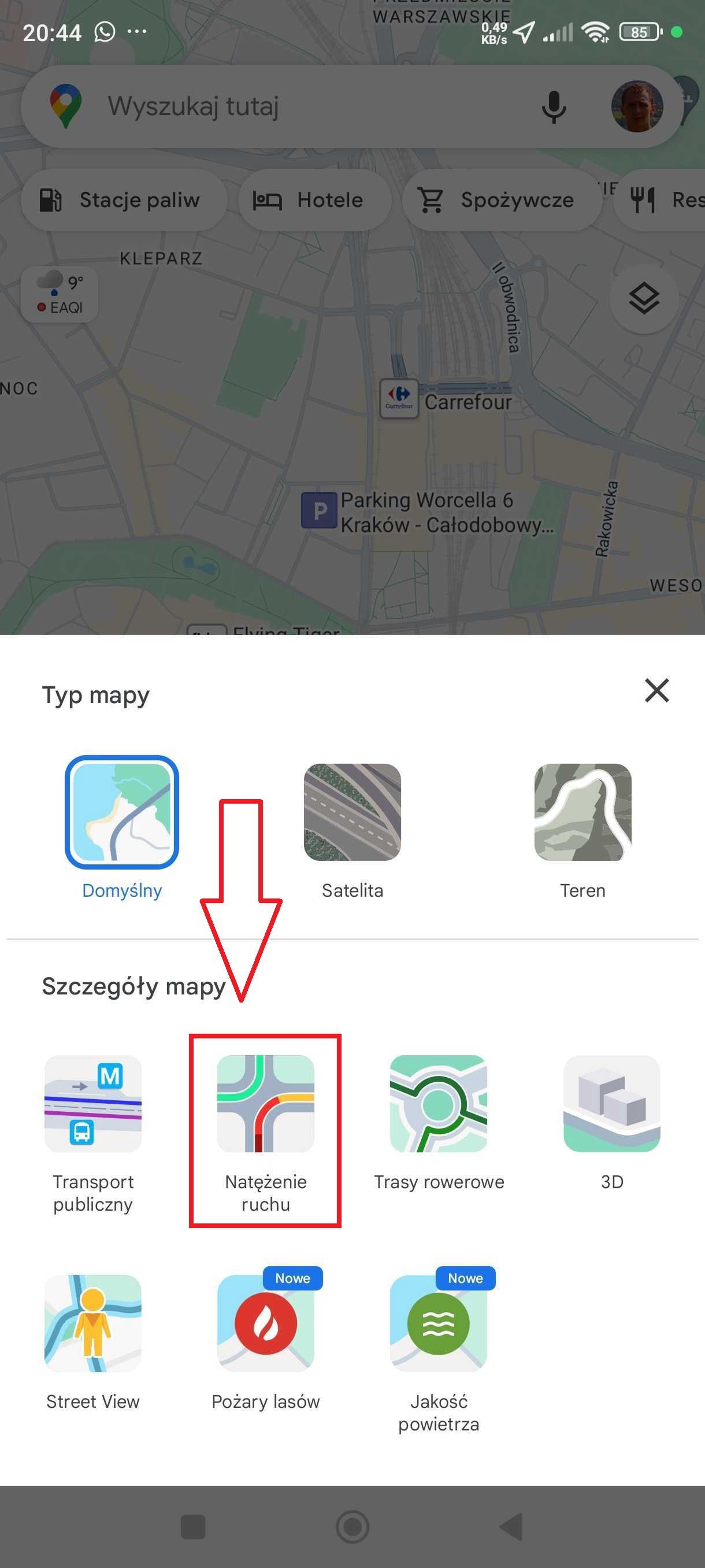 Jak włączyć natężenie ruchu w Google Maps na telefonie?