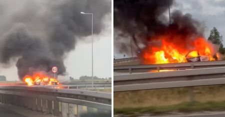 Auto w płomieniach na A1. W środku były dzieci