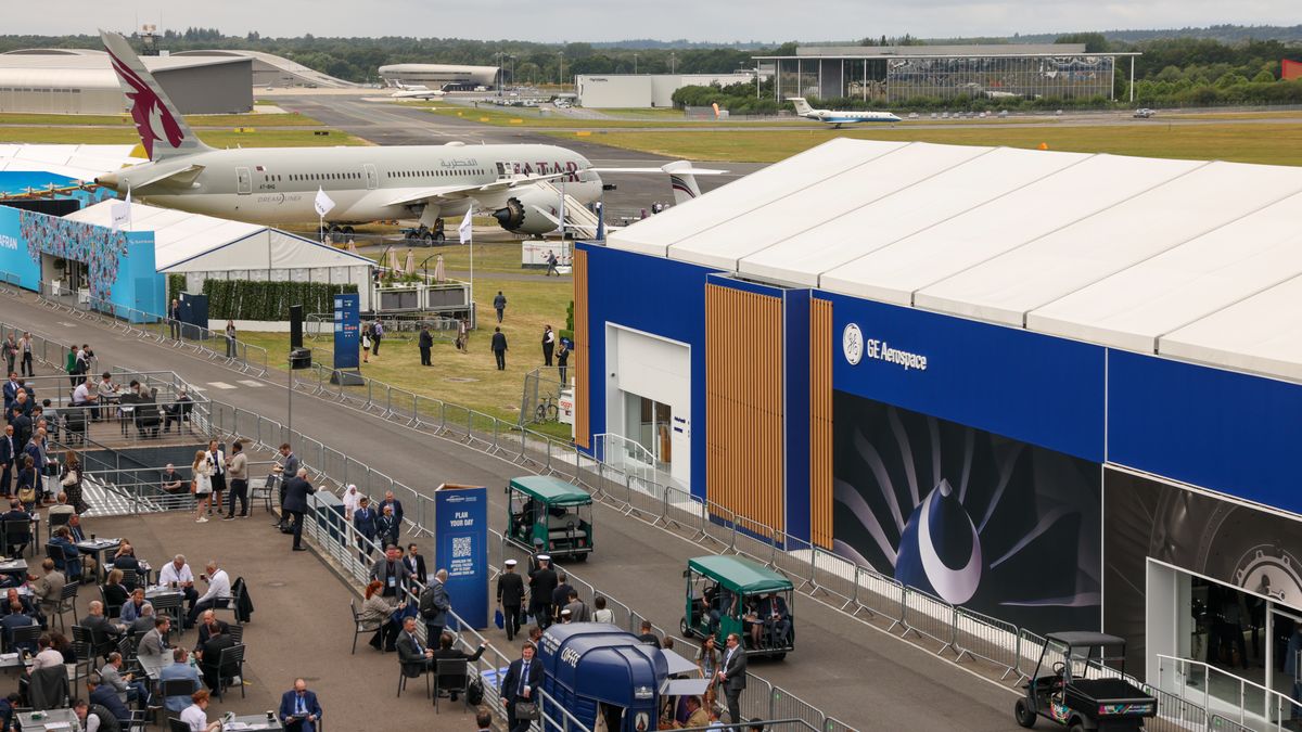The General Electric Co. Aerospace stand on day two of the Farnborough International Airshow in Farnborough, UK, on Tuesday, July 23, 2024. The aviation summit is typically a platform for planemakers to rack up multibillion-dollar deals. Photographer: Hollie Adams/Bloomberg via Getty Images
Bloomberg
emea, conference, transportation and logistics, airplanes, jets, aviation, transport, aviation industry, fia2024, air show, jet, speakers, industries, airlines, forum, plane, business news, aeroplane, british, summit, aerospace & defense