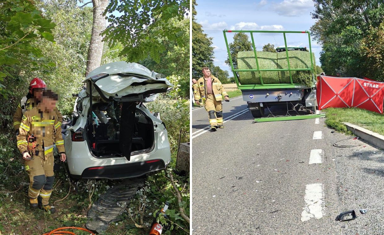 Tragiczny wypadek w Gostkowie. Tesla zderzyła się z ciągnikiem