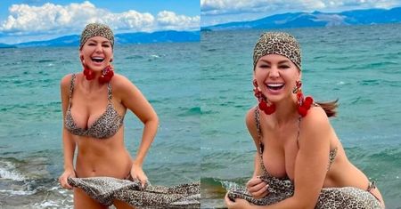 Maja Rutkowski wyłania się z wody w panterkowym bikini. Petarda?