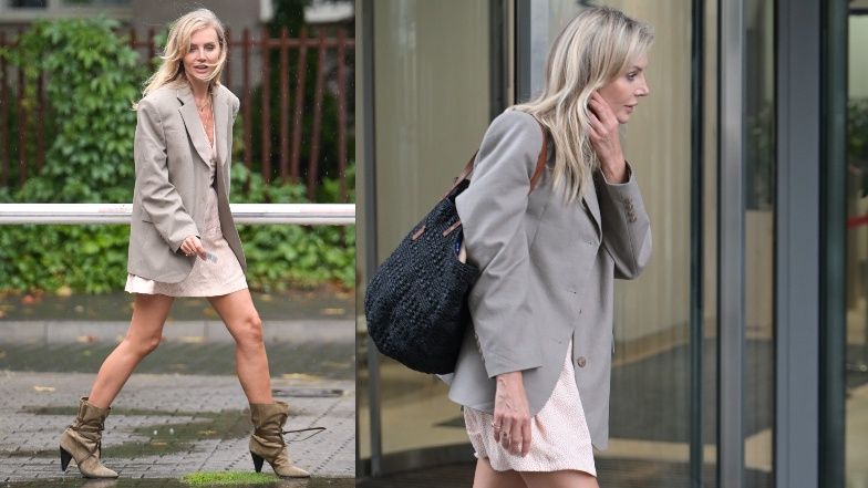 Agnieszka Woźniak-Starak zwinnie omija kałuże w modnych botkach i letniej sukience