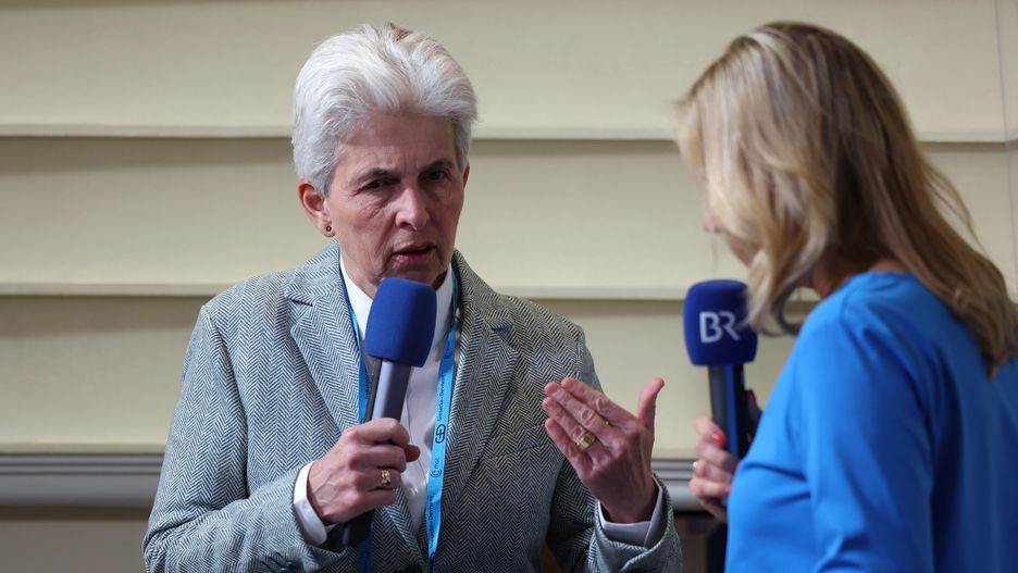 MUNICH, GERMANY - FEBRUARY 18:  German politician Marie-Agnes Strack-Zimmermann (L) gives an interview as she attends the 2023 Munich Security Conference (MSC) on February 18, 2023 in Munich, Germany. The Munich Security Conference brings together defence leaders and stakeholders from around the world and is taking place February 17-19. Russia's ongoing war in Ukraine is dominating the agenda.  (Photo by Johannes Simon/Getty Images)