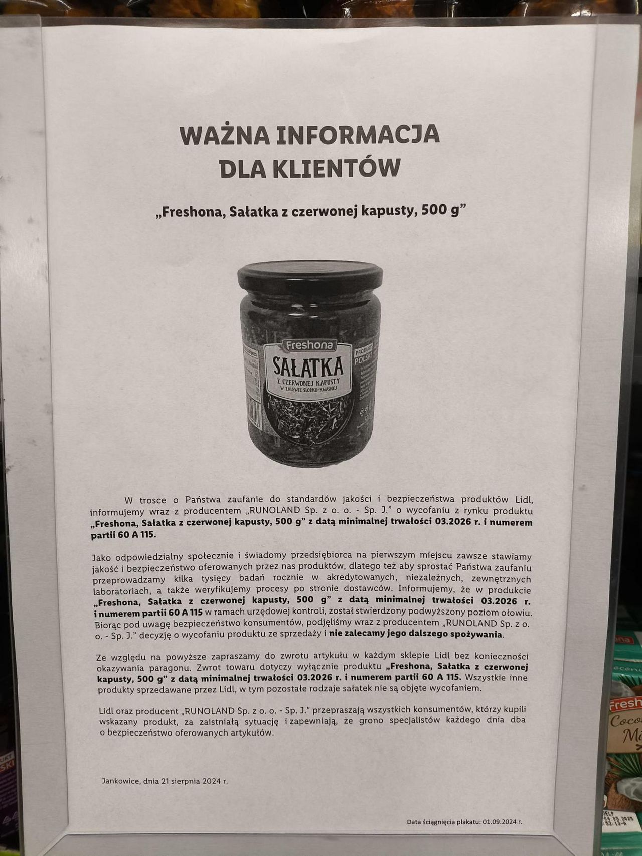 Komunikat sieci sklepów Lidl o wycofaniu partii sałatek