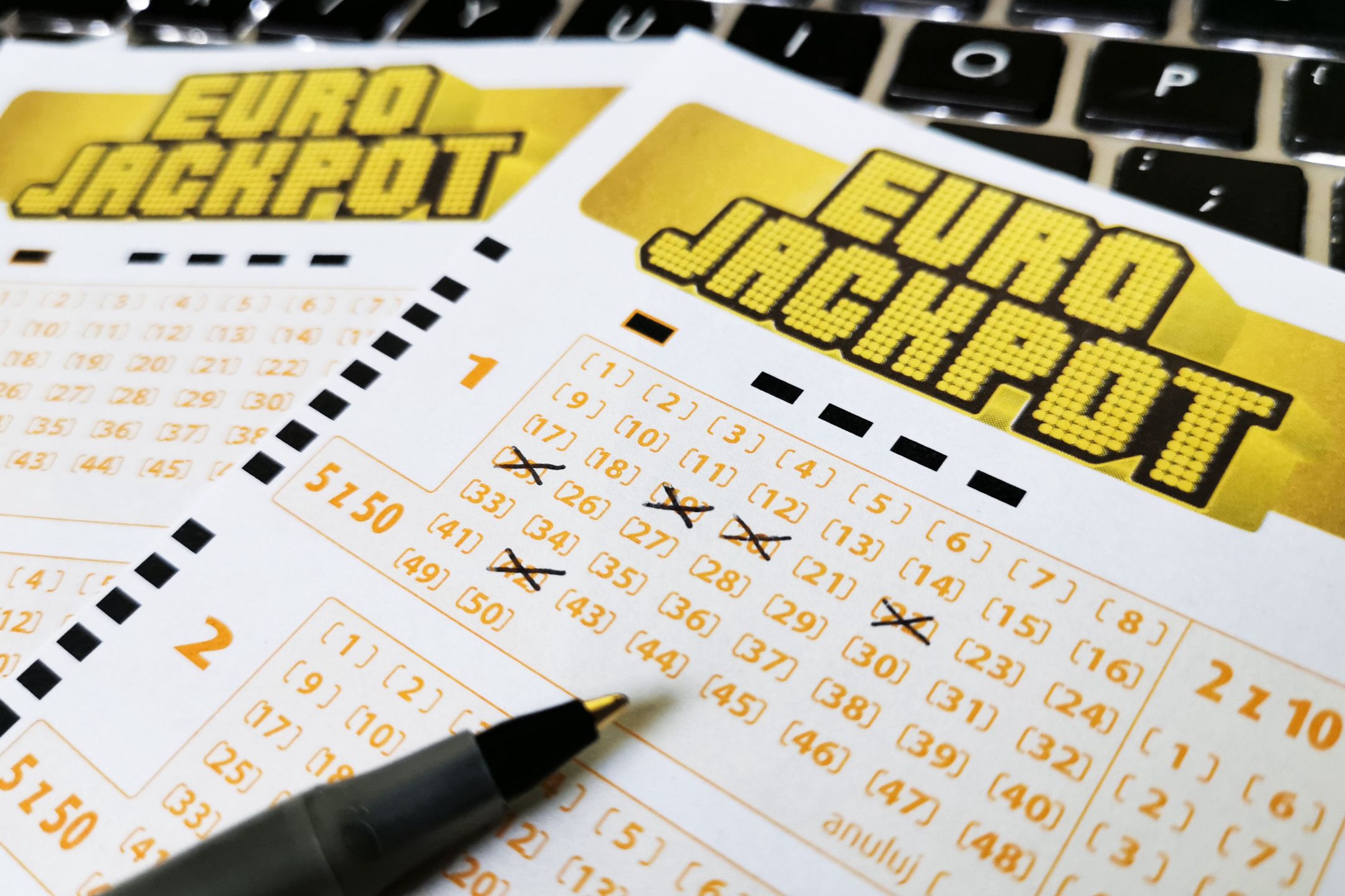 Close-Up of Eurojackpot lottery betting tickets. Krakow, Poland on August 31, 2021. (Photo by Beata Zawrzel/NurPhoto via Getty Images)