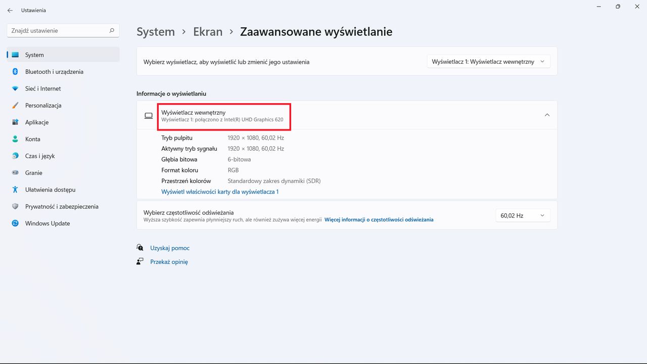Windows 11: Ekran/Zaawansowane wyświetlanie