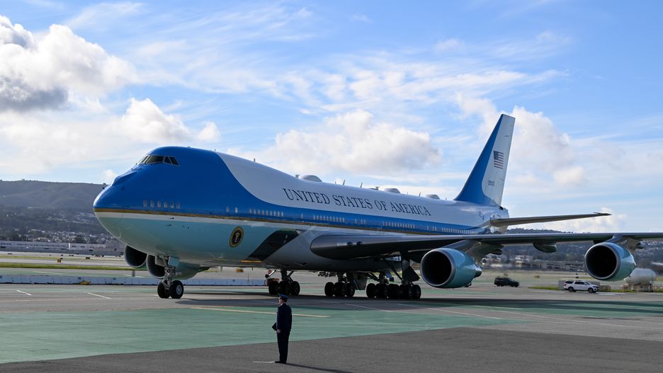 SAN FRANCISCO, CALIFORNIA - FEBRUARY 21: U.S President Joe Biden arrives with Air Force One at San Francisco International Airport (SFO) to participate in a campaign reception in San Francisco, California, United States on February 21, 2024. (Photo by Tayfun Coskun/Anadolu via Getty Images)