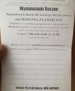 "Ofiara 15 zł od duszy". Ksiądz wycenił modlitwę