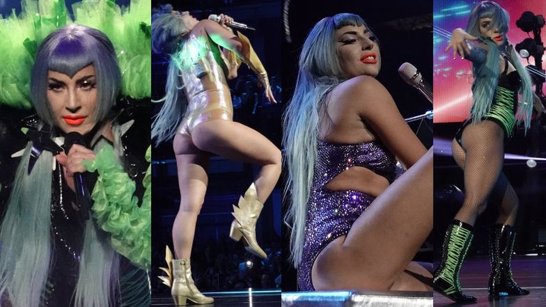 Lady Gaga w swoim żywiole na koncercie przed Super Bowl: tarzanie się po scenie, odważne stylizacje i fioletowa peruka