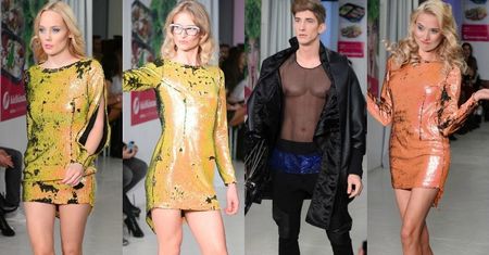 Uczestnicy różnych edycji Top Model na jednym wybiegu podczas pokazu młodego projektanta