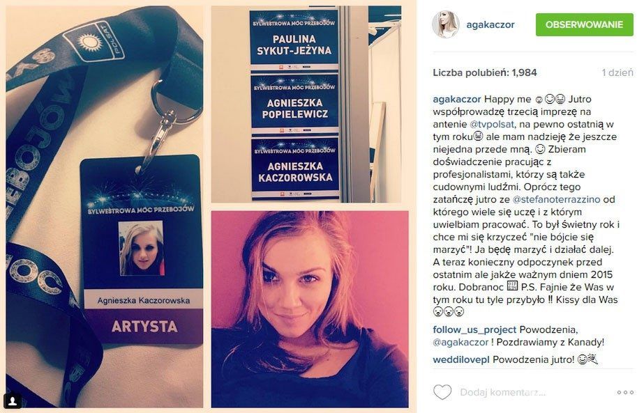 Agnieszka Kaczorowska, sylwester 2015 (fot. Instagram)