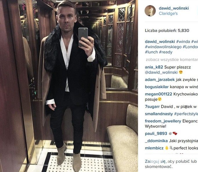 Dawid Woliński w płaszczu ze sztucznym futerkiem (fot. Instagram)