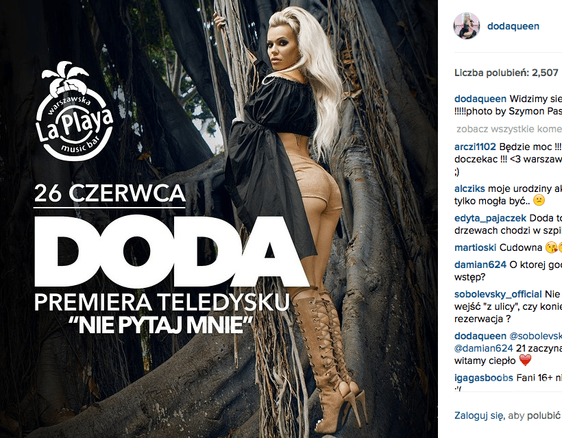 Doda zaprasza na premierę teledysku "Nie pytaj mnie", która odbędzie się w klubie La Playa (Instagram)