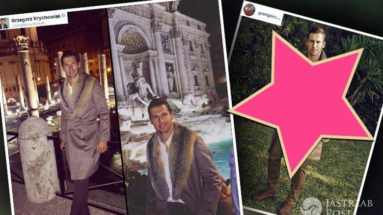 Grzegorz Krychowiak w płaszczu z kołnierzem z futra i w płaszczu Balmain (fot. Twitter, Instagram)