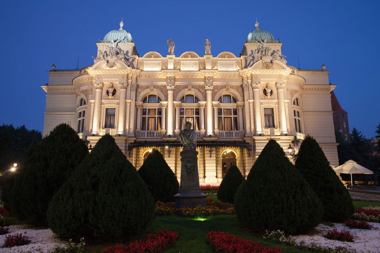 Juliusz Slowacki Theatre by night in Krakow, Poland, Eclectic style 19th century architecture. 