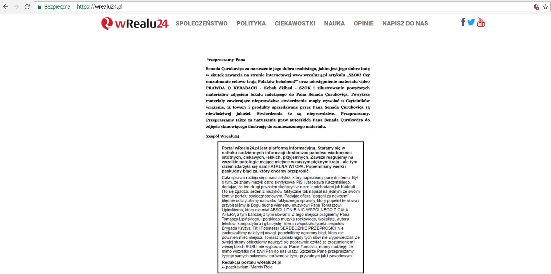 Przeprosiny i sprostowania na wRealu24.pl 