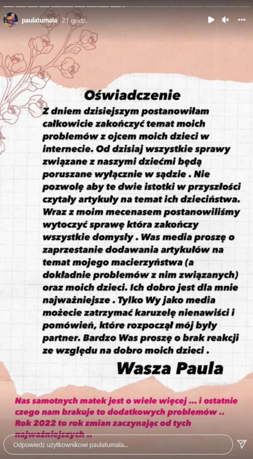 Paula Tumala wydala oświadczenie ws. ojca swoich dzieci