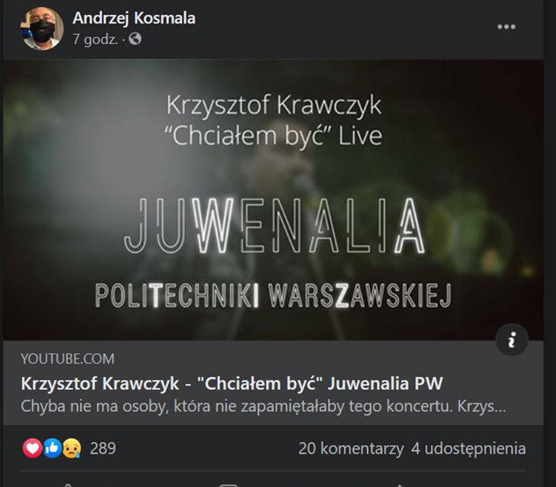 Andrzej Kosmala wspomina Krzysztofa Krawczyka w mediach społecznościowych. Przypomina jego występ na juwenaliach