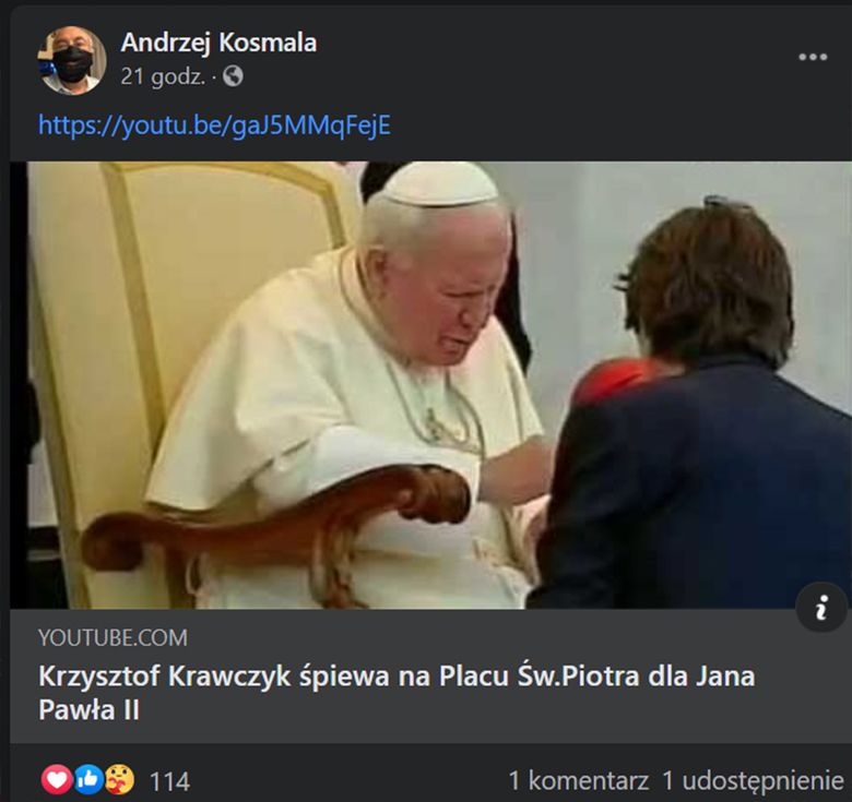 Andrzej Kosmala wspomina Krzysztofa Krawczyka w mediach społecznościowych. Przypomina spotkanie Krzysztofa Krawczyka z papieżem