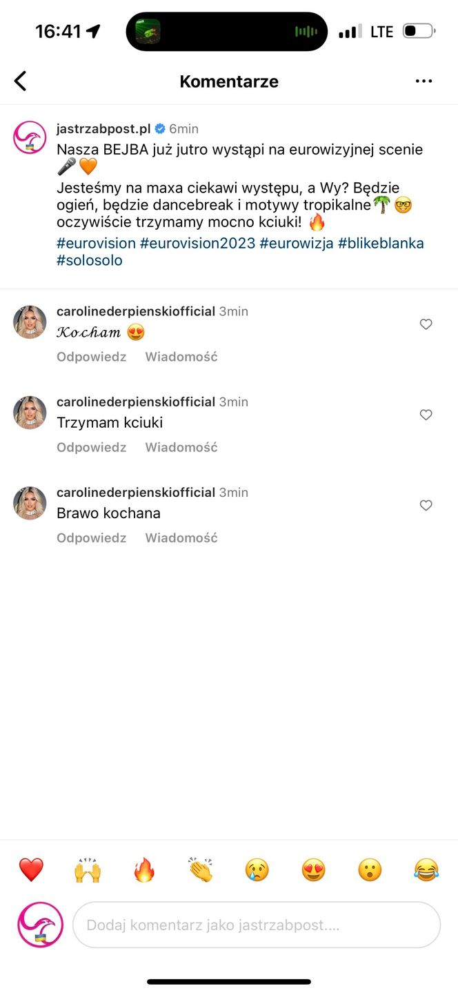 Caroline Derpieński trzyma kciuki za Blankę