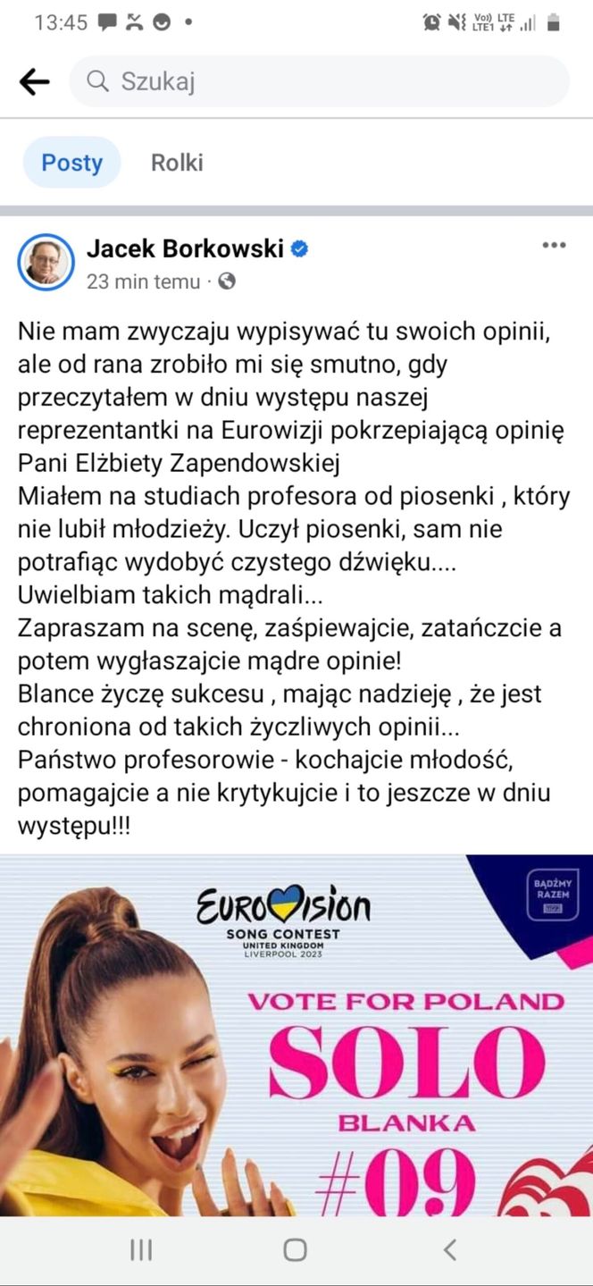 Jacek Borkowski trzyma kciuki za Blankę