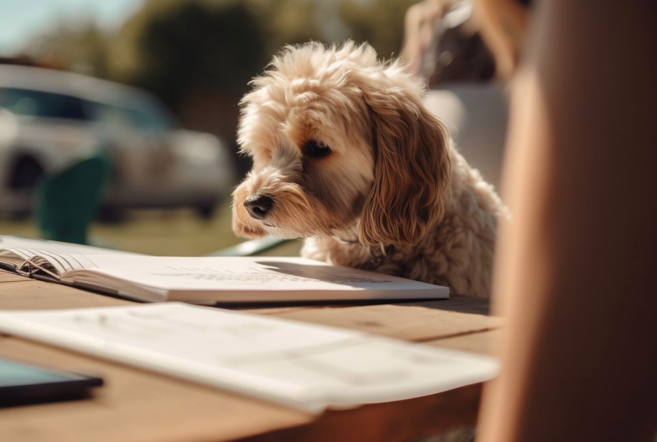 Small terrier sitting on table, reading book generated by artificial intelligence