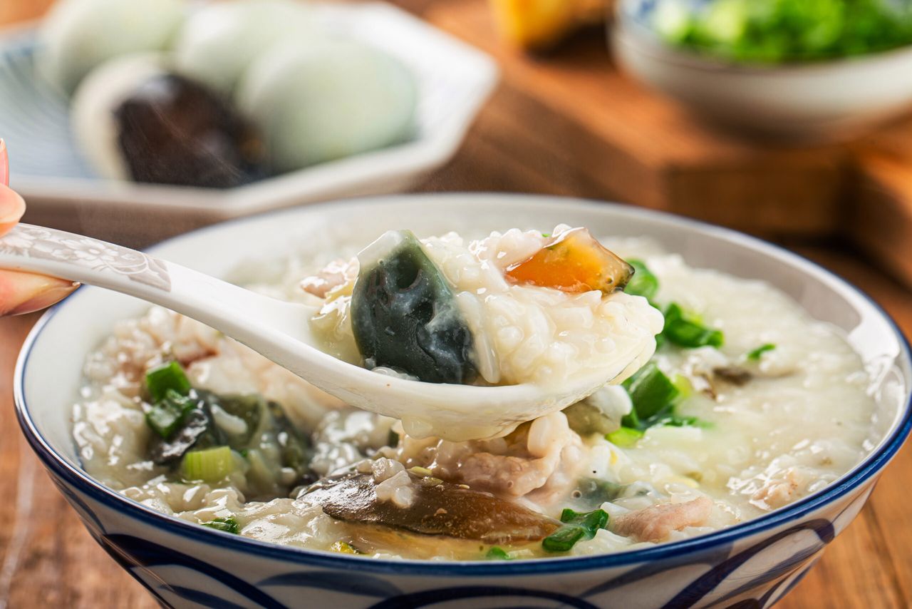 Rice preserved egg lean meat porridge，chinese rice porridge, chinese traditional healthy breakfast