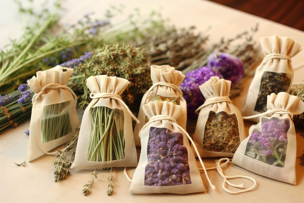 Close-up herbal sachets with selection of healing plants such as lavender, rosemary or sage