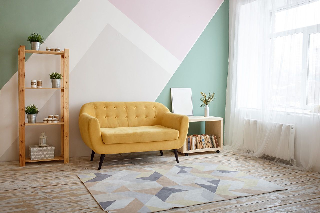 Nice living room with couch, carpet, green plant on a bookcase and a copy space.