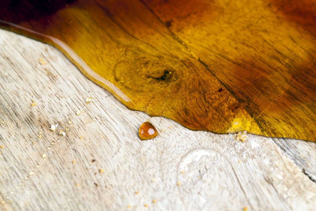 fresh bee honey poured on a board, poured into a wooden plate and honey honey poured on a wooden board