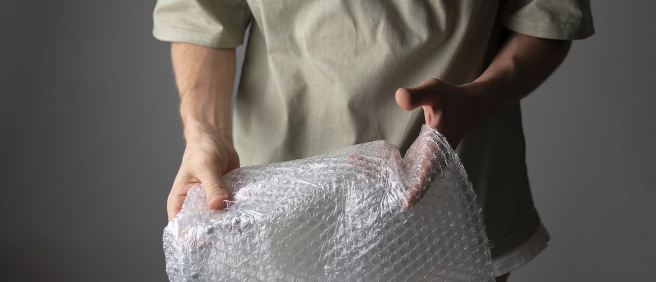 person holding and bursting bubble protective wrap trying to calm down